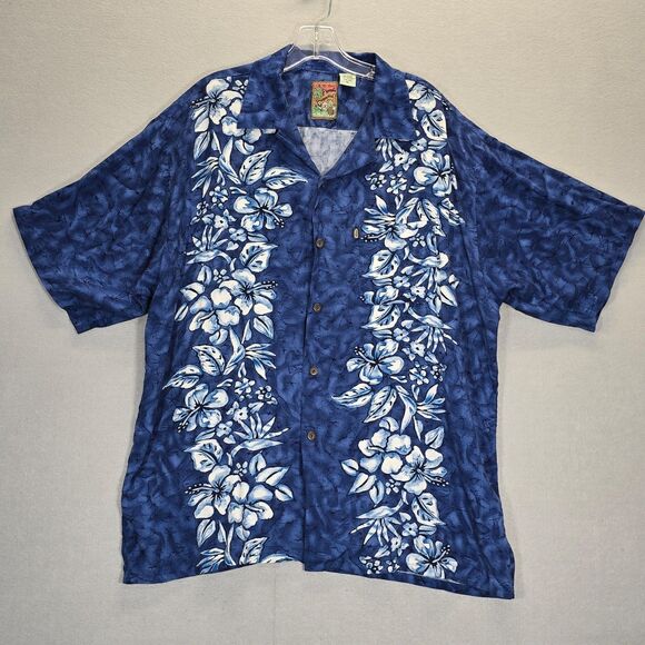 Hawaiian Rayon Shirt Mens XL Blue Aloha Floral Pineapple Connection - Picture 1 of 12